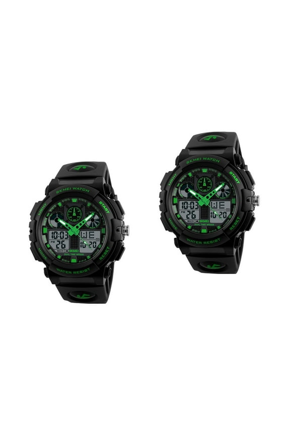 2pcs 1270 Waterproof Men's Sports Watch Casual Analog Quartz Digital LED Watch Dual Display Chronograph Watch Man Wristwatch (Green)