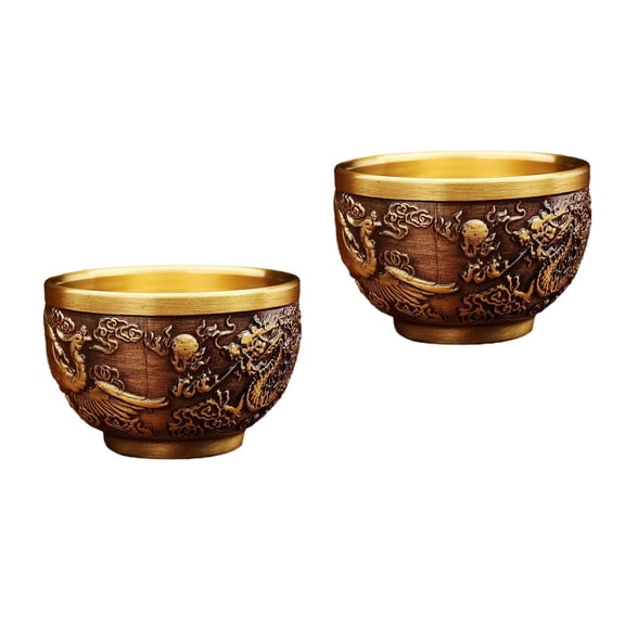 Masteelf 2pcs Retro Chinese Brass Tea Cup Dragon And Phoenix Engraving Vintage Brass Goblet For Home Decor Delicate Metal Tea Cup Portable Small Brass Mug