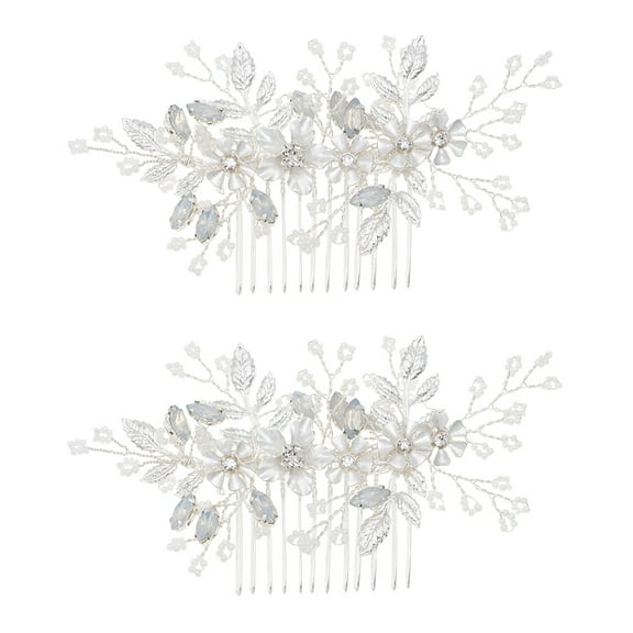 Masteelf 2pcs Silver Beaded Hair Comb Alloy Leaves Headdress Rhinestone Hair Accessories Elegant Crystal Wedding Bridal Hair Decoration Photo Props