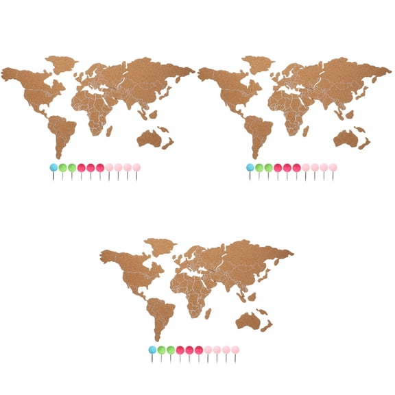 Masteelf 3 Sets Wooden Cork Board World Map Wall Art Decorative Rustic Home Office Travel Theme Wall Decor