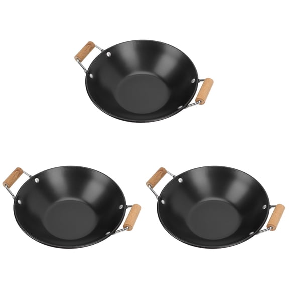 Masteelf 3pcs Household Hot Pot Daily Use Cooking Wok Double Wooden Handle Metal Wok Kitchen Accessory