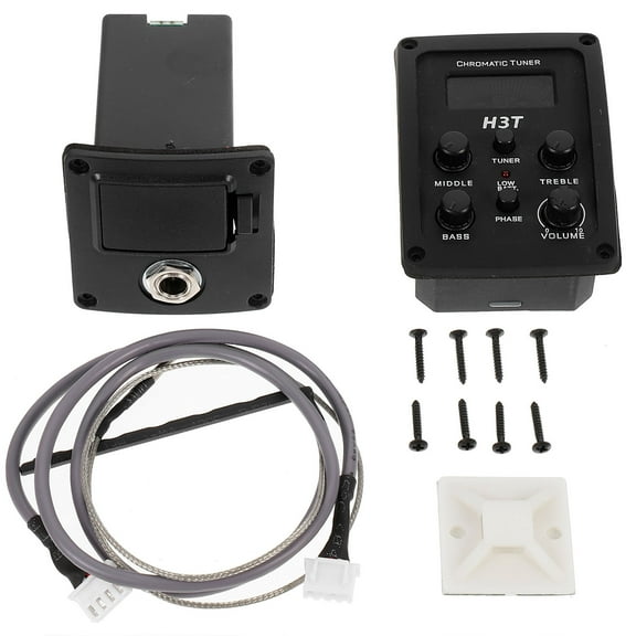 Masteelf 4 Band Acoustic Guitar Preamp EQ Equalizer Guitar Preamplifier Piezo Pickup with LCD Tuner Volume Blend Presence Treble Middle Bass Control without Battery