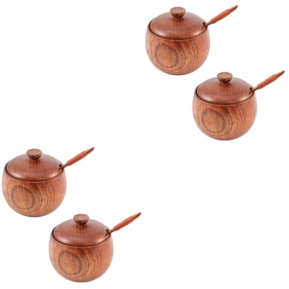 Masteelf 4 PCS /Set Natural Wood Tableware Spice Jar Kitchen Supplies Seasoning Sauce Pot with Lid Bowl Salt Shaker Box Tin (Spoon for )