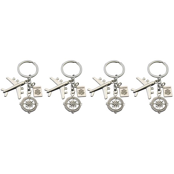 Masteelf 4 pcs  Passport Key Rings Airplane Compass Keychain Ornament Alloy Keychain Pendant Family Friends Gift