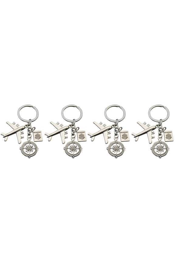 4 pcs Passport Key Rings Airplane Compass Keychain Ornament Alloy Keychain Pendant Family Friends Gift