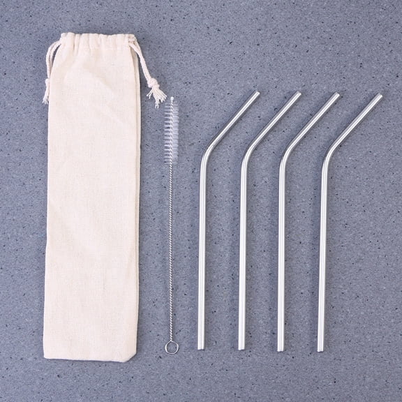 IDEANATEGRATE Coffee Straws for Eco Friendly Living Curved Silver 4PCS Straws Cleaning Brush Bag