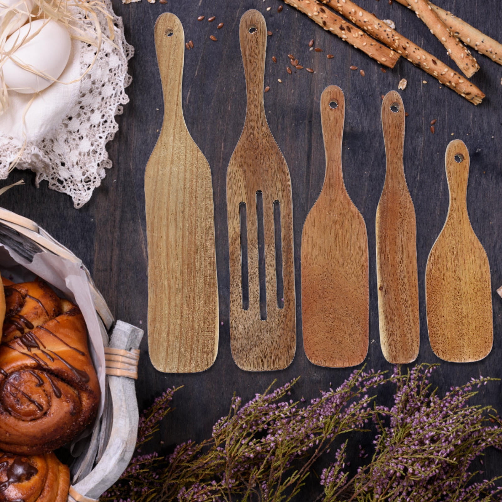 Masteelf 5 Pcs Wooden Spurtles Kitchen Utensil Natural Wood Slotted ...