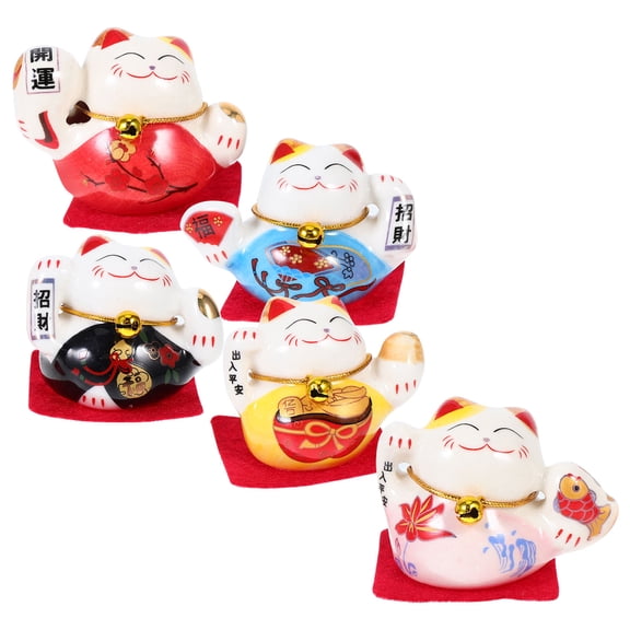 Masteelf 5PCS Mini Cat Figurines Ceramic Cute Japanese Cat Sculptures for Home Office Desk Decor Wealth Luck Charms Car Decoration