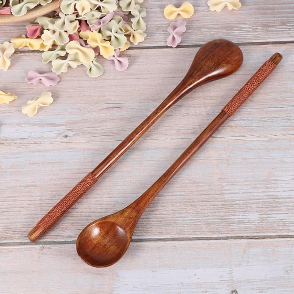 Masteelf Set of 5 Brown Wooden Kitchen Spoons with Tied Thread, Safe Non-Scratch Synthetic Material for Cooking