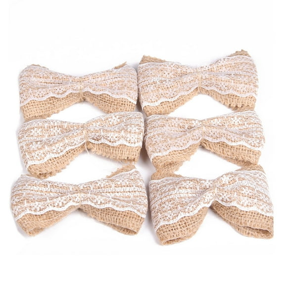 Masteelf 6pcs Vintage Lace Jute Burlap Bowknot Craft Bows for Wedding Party Decoration White