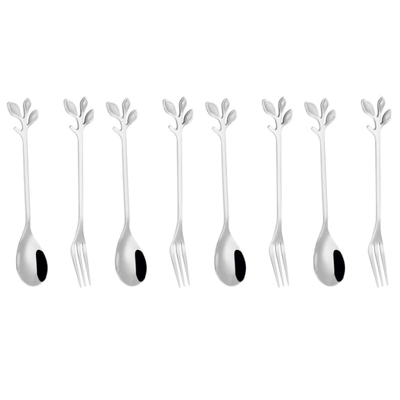 Masteelf 8pcs Stainless Steel Spoon Fork Creative Leaves Shape Design for Home Restaurant Hotel (Silver)