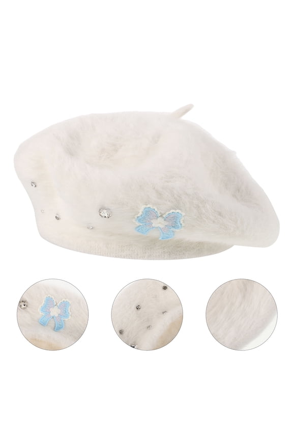 Warm White Beret Hat with Bow Imitation Wool French Beret for Daily Wear