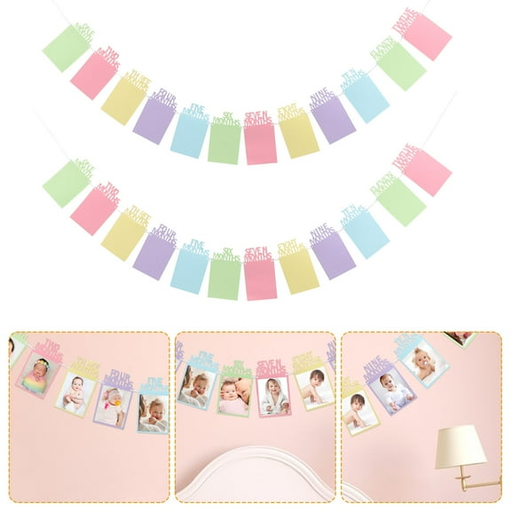 Masteelf Baby Birthday Photo Banner for Decoration Made of Kraft Paper and Rope Assorted Color 2 Pcs