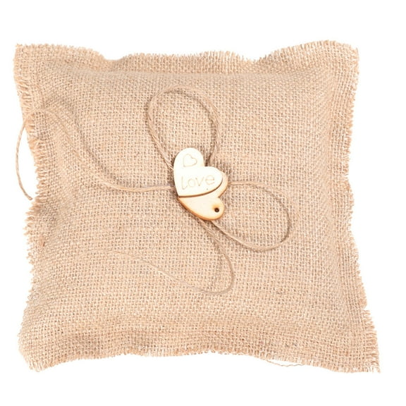 Masteelf Beige Handmade Burlap Ring Bearer Pillow with Wooden Hearts for Wedding Ceremony 18 * 18cm