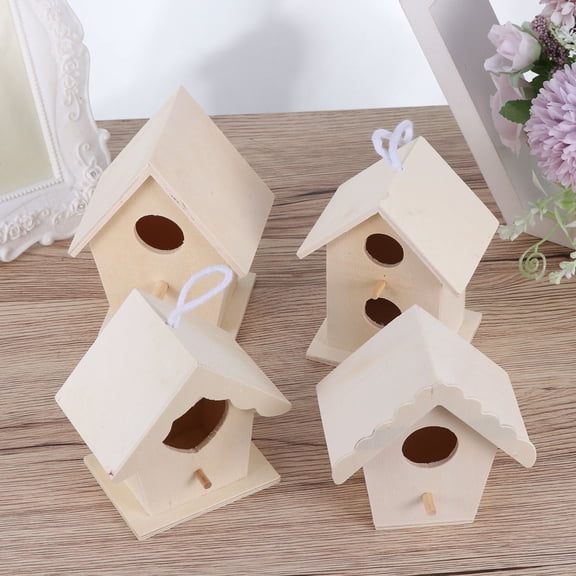 IDEANATEGRATE Wooden Birdhouses Wood Color Garden Decoration 4Pcs 7.9x6.3in