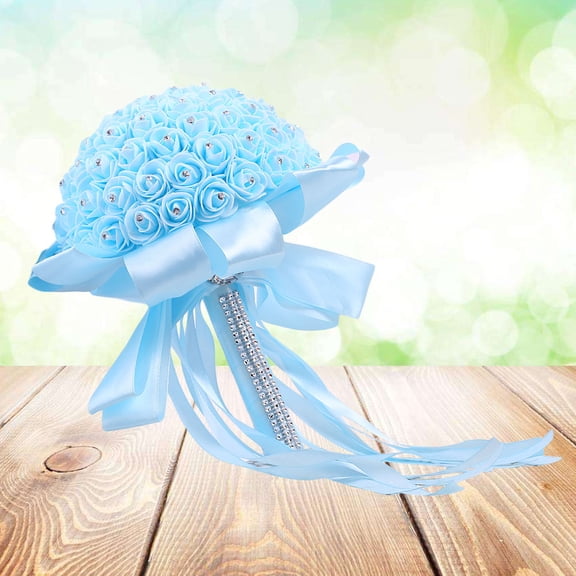 LOLIPPYY Elegant Blue Artificial Rose Bridal Bouquet Wedding Handheld Bouquet with Ribbon Details