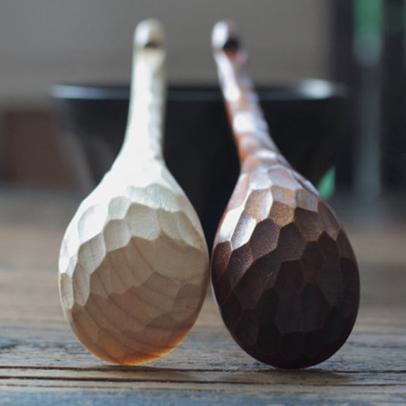 Masteelf Brown Natural Wooden Soup Spoon Hand Carved Tortoise Shell Pattern Synthetic Material for Eating Soup 2 Pcs