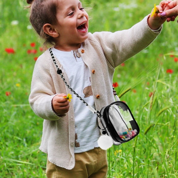 Masteelf Clear Figure Display Bag with Shoulder Strap and Pom Poms Zipper Clear Display Case Display Case for Figures Small Doll Storage Bag