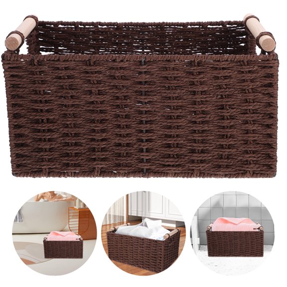 Masteelf Coffee Woven Storage Basket with Handle for Desktop Organization and Home Use 12.5 x 8.3 x 9.1 inches
