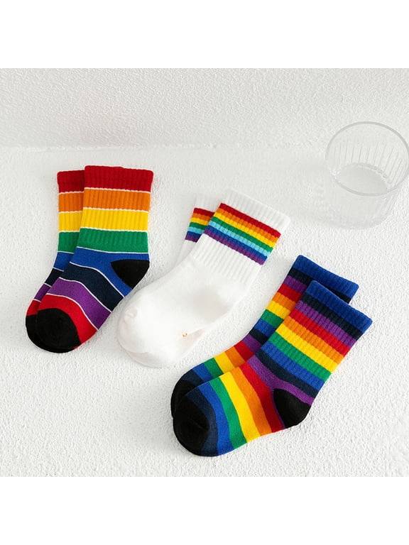 Cotton Socks for Kids with Rainbow Assorted Color Middle Socks Size 3 Pairs