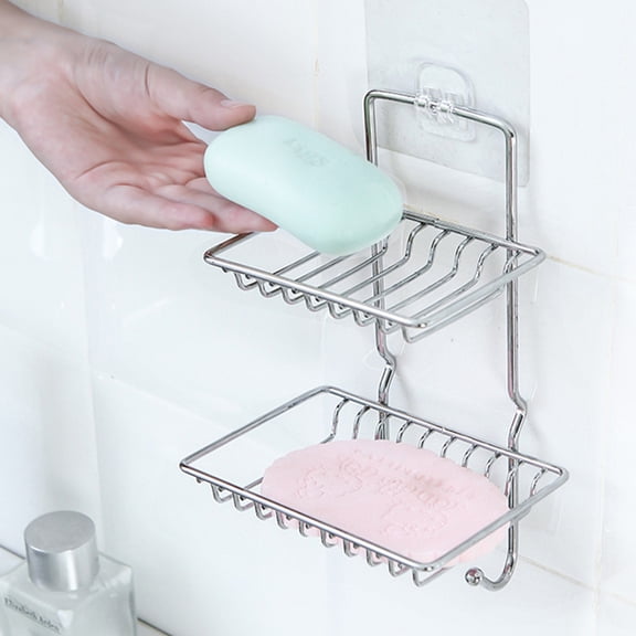 Masteelf Double Soap Dish Holder in Silver Stainless Steel for Bathroom Easy Installation No Drilling 4.72x2.95x2.56 inches