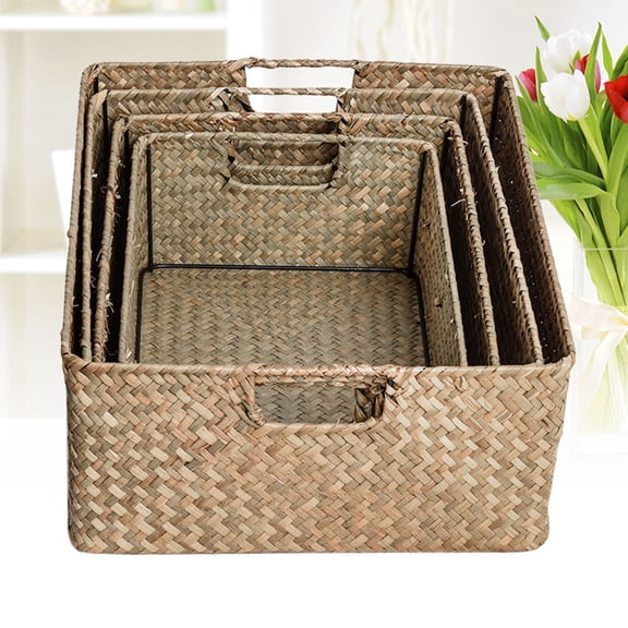 Masteelf Durable Yellow HandWoven Seaweed Storage Organizer with Sturdy Handle for Home Storage Needs 4 Pcs