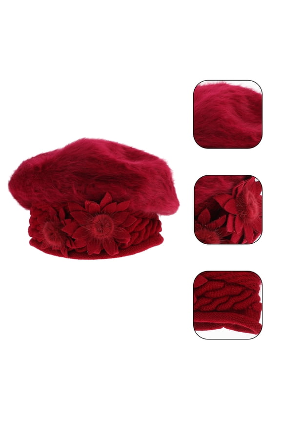 Elegant Knitted Hat for Women with Side Flower Design Made of Hair Red