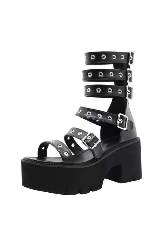 Women's High Heel Platform Sandals Wedges Roman Style Black Fashion Shoes