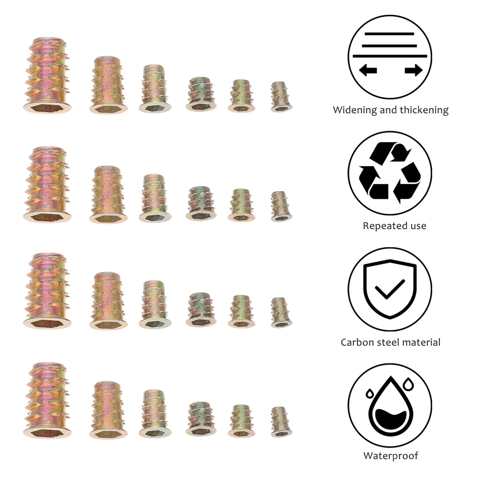 Masteelf Golden Carbon Steel Threaded Inserts for Wood Socket Bolts 100 ...