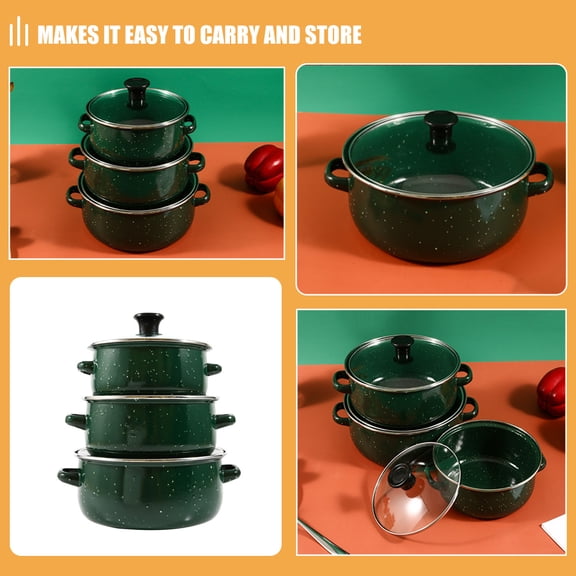 OFFIGAM 3-Piece Green Enamel Pot Set with Lids for Cooking and Kitchen Use
