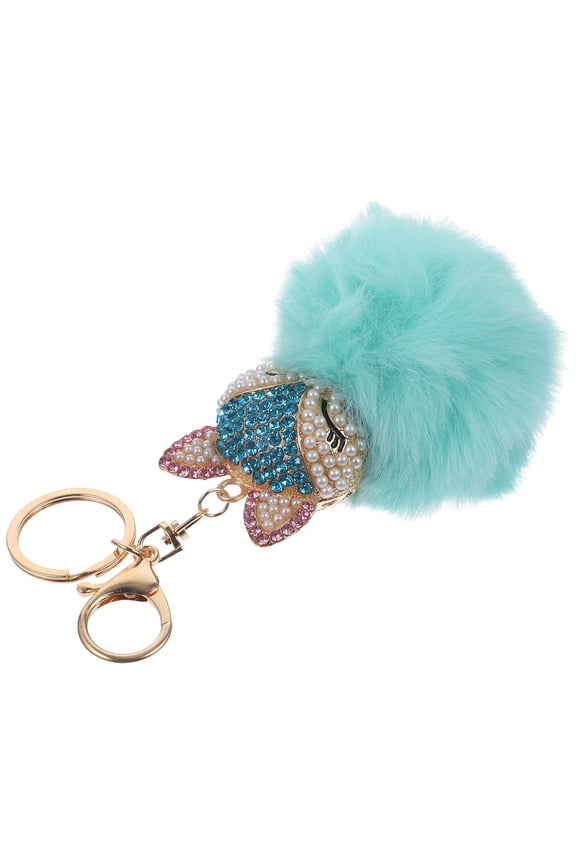 Green Fluffy Ball Keychain with Rhinestones for Bag and Cellphone Decor, Zinc Alloy Material, 3.5 Inch
