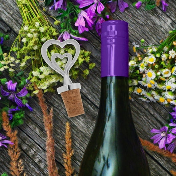 Masteelf Heart Shape Metal Wine Bottle Stopper with Wood Cork Storage for Weddings and Parties Silver