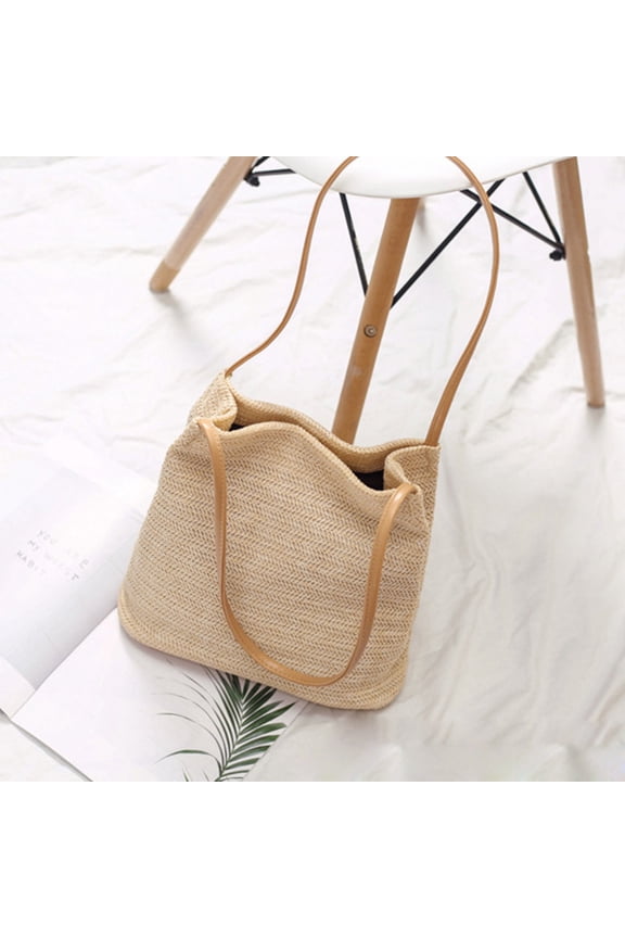 Knitted Bag Handmade Straw Bag Bucket Bag Shoulder Bag(Light Beige)