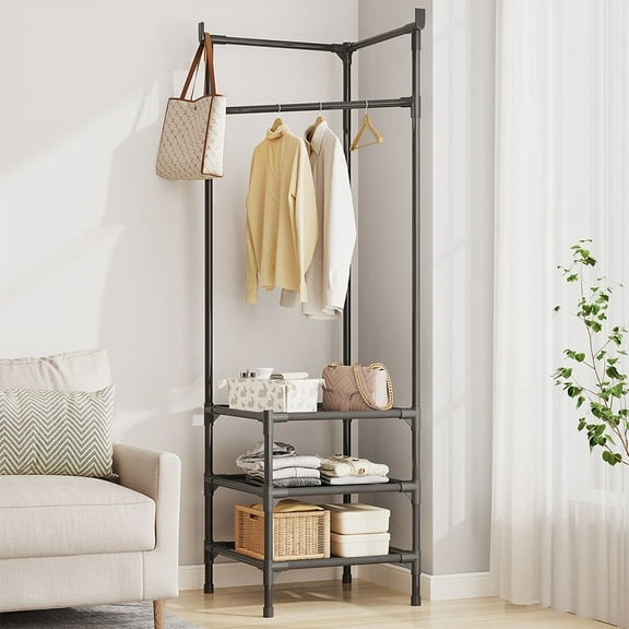Masteelf Modern Black Metal Corner Coat Rack with Storage for Entry or Bedroom 23.6x15.7 Inches