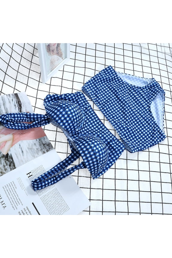 Navy High Waist Plaid TwoPiece Bikini for Women Stylish Cheeky Swimsuit in Nylon for Beach and Pool