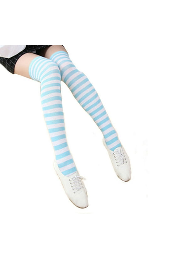 Pair of Women's Blue and White Striped Thigh High Over the Knee Stocking Socks (Blue & White)