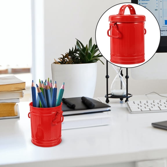Masteelf Red Iron Pen Holder for Desk with Lid Perfect for Storage Use Creative Design Fits Multiple Styles 6.5 Inches