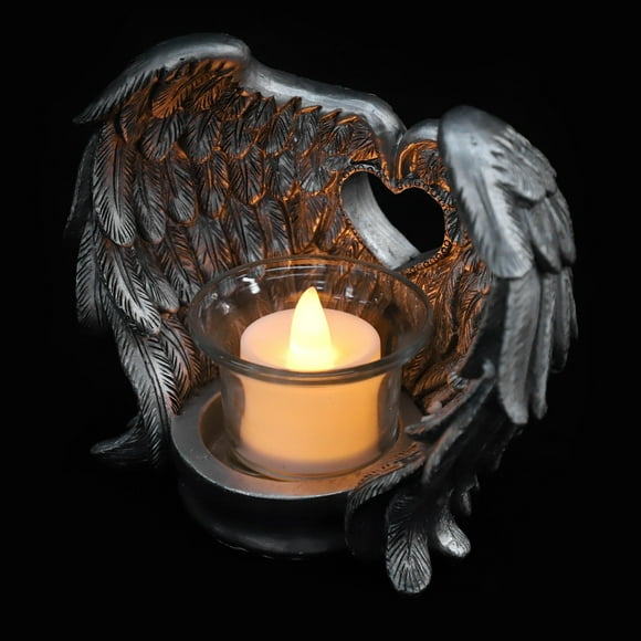 Masteelf Resin and Glass Angel Wing Candlestick for Decoration with Silver Color and Retro Design 6.3 Inches