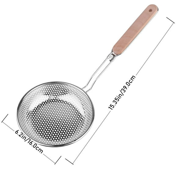 Masteelf Stainless Steel Strainer with Wooden Handle Perforated Skimmer Fried Food Net Basket for Home Restaurant (Large, 16cm)