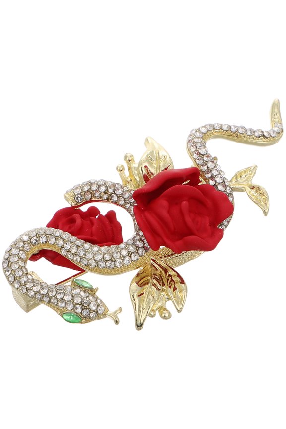 Elegant Snake Shaped Brooch with Red Rose Design for Jackets Coats and Scarf Buckle Multi Color