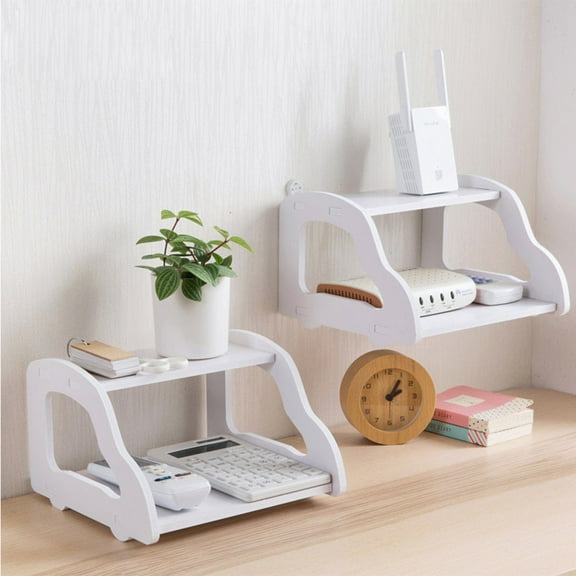 Masteelf Wall Mount Router Shelf Creative Punch Free 2-Tier Set Box Storage Rack Modem Holder (White)