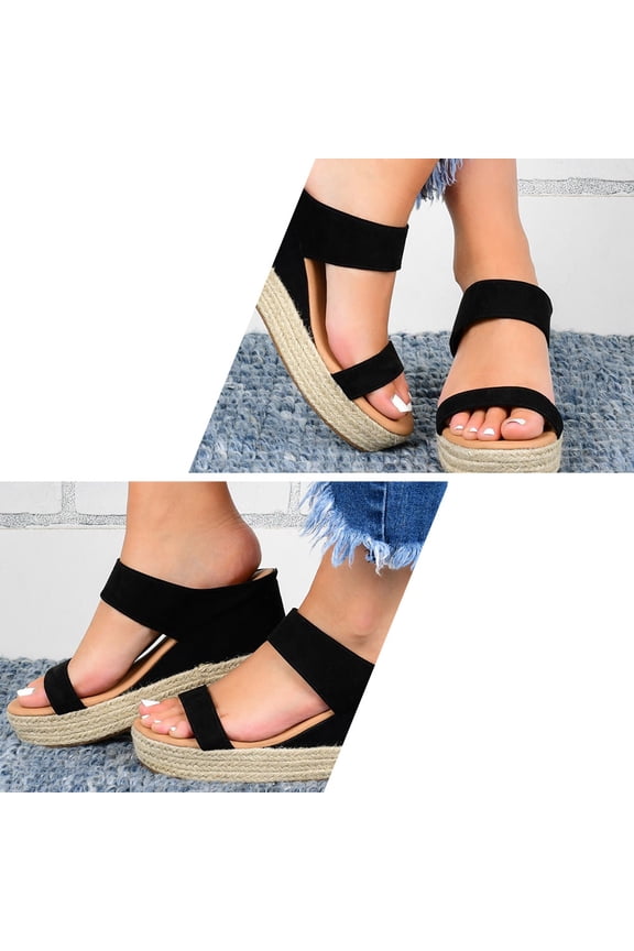 Wedge Sandals Ankle Chunky Closed Toe Heels for Women Miss Black