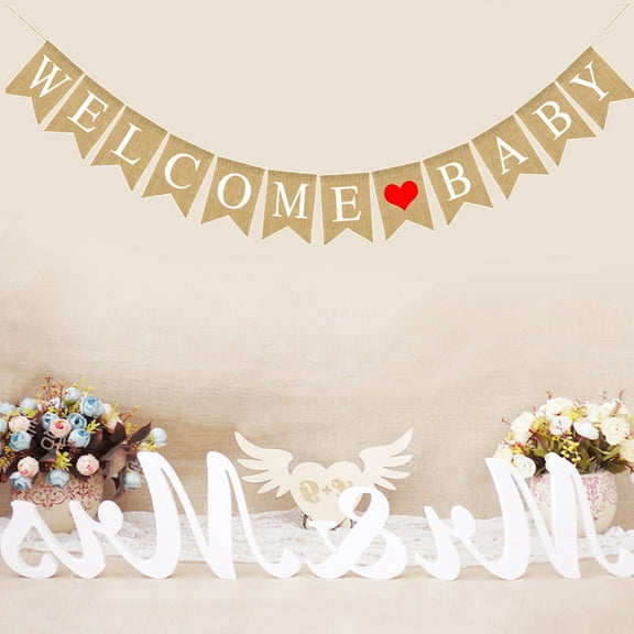 Masteelf Welcome Baby Letters Bunting Banners Love Pattern Decorative Vintage Rustic Linen Burlap Wall Banners for Home Party Reception Baby Shower