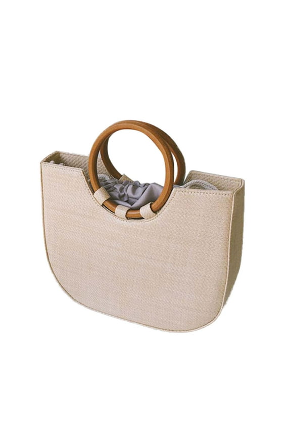 Women Straw Shoulder Bag Fashion Round Wooden Handle Handbag Brand Designer Summer Beach Travel Bags Tote Handbag (Khaki)