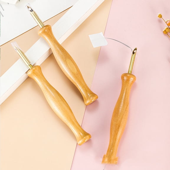 Masteelf Wooden Handle Embroidery Needle with Threader for Easy Sewing Projects Light Brown 2 Punch Needles 2 Threaders