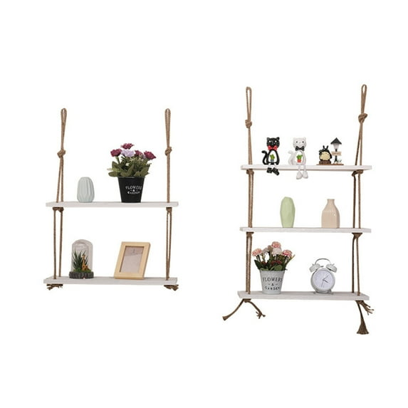 Masteelf Wooden Hanging Shelf Swing Rope Floating Shelves 1 Tier Jute Rope Wall Display Rack(White)