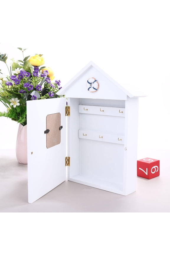 Wooden Keys Organizer with Hooks for Wall Mount in White Synthetic Material 6.5 x 4.3 Inches