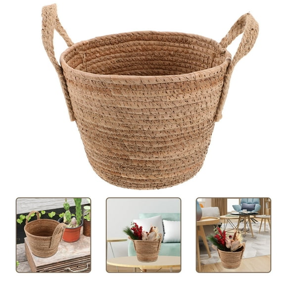 Masteelf Woven Rattan Plant Basket with Braided Handles Decorative Flowers Storage Basket Seagrass Basket Planter for Outdoor Indoor Decor