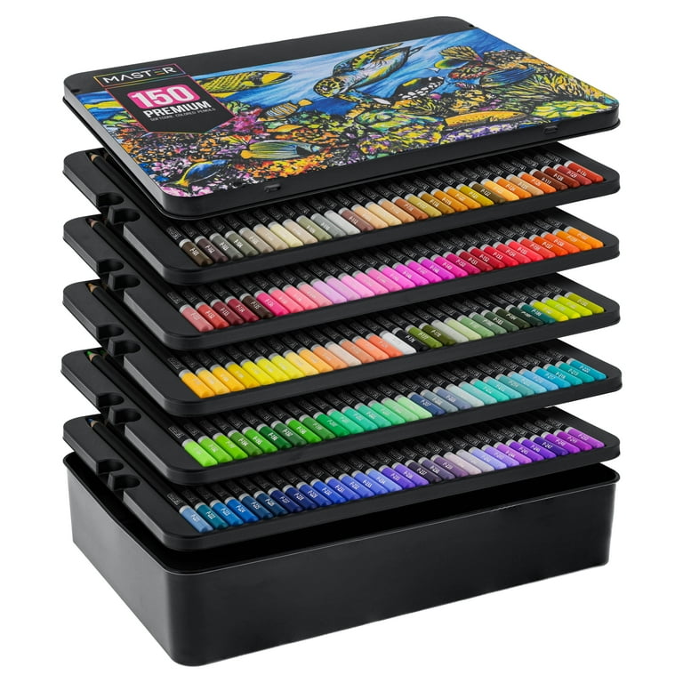 Master 150 Colored Pencil Mega Set with Premium Soft Thick Core Vibrant Color Leads in Tin Storage Box - Professional Ultra-Smooth Artist Quality - Bl