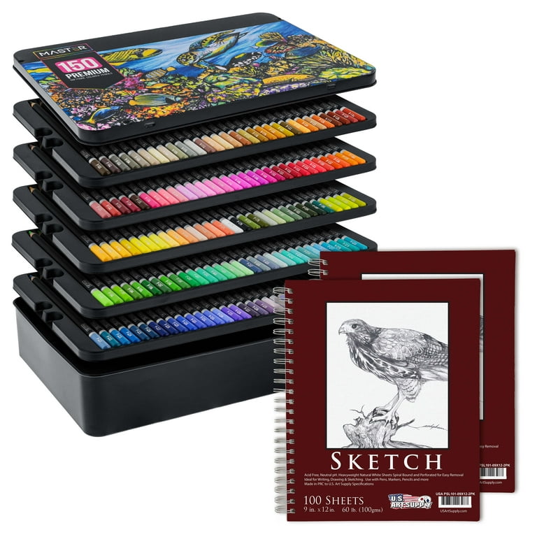 Master 150 Colored Pencil Mega Tin Set with Premium Soft Thick Core Vibrant  Color Leads with 2 Packs 9 x 12 Sketch Pads Drawing Paper - Artist Art  Blending, Shading, Layering, Adult